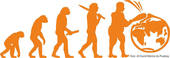 L'evoluzione rappresentata da una serie di figure che vanno dall'umanoide all'uomo che brandisce la clava contro il pianeta