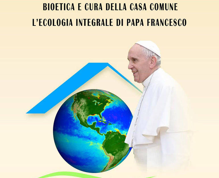 Locandina dell'evento ritraente papa Francesco con il pianeta Terra sullo sfondo stilizzato a forma di casa