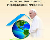 Locandina dell'evento ritraente papa Francesco con il pianeta Terra sullo sfondo stilizzato a forma di casa