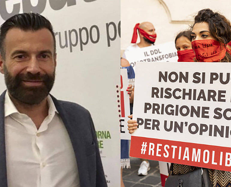 Il deputato alessandro Zan e una manifestante di #restiamoliberi Il deputato alessandro Zan e una manifestante di #restiamoliberi