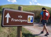 Pellegrino con lo zaino in spalla su un sentiero con l'indicazione "Via Francigena"