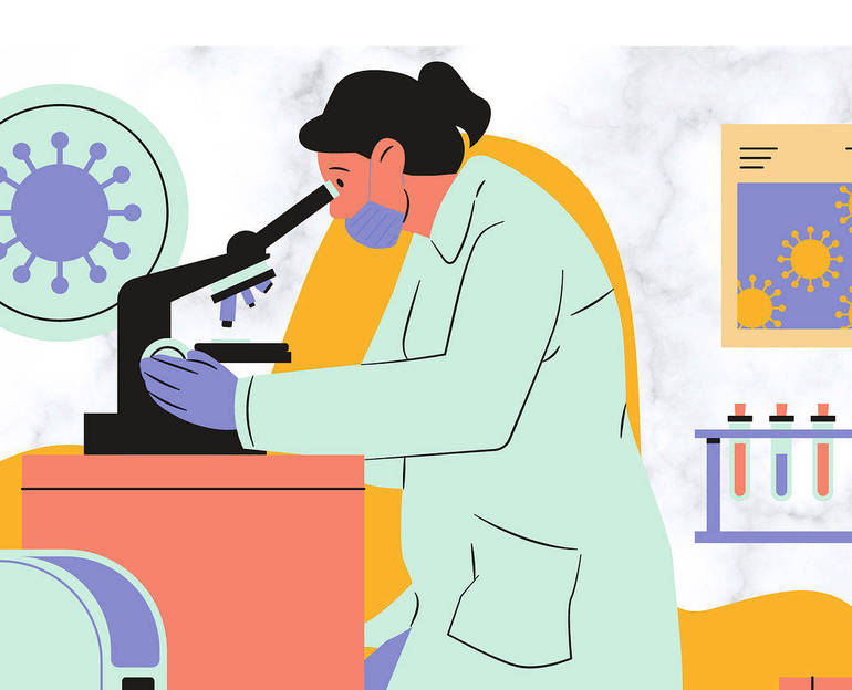 Disegno che rappresenta ricercatrice che lavora al microscopio Disegno che rappresenta ricercatrice che lavora al microscopio