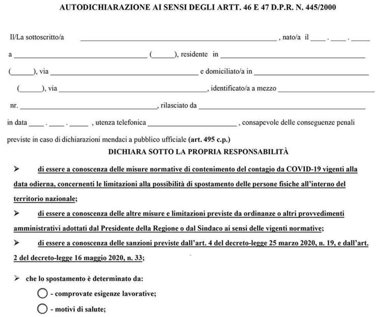 Modello per l'autocertificazione