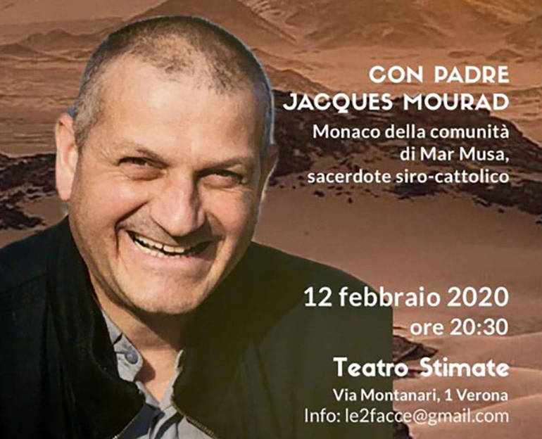 Locandina dell'evento con ritratto di padre Jacques Mourad Locandina dell'evento con ritratto di padre Jacques Mourad