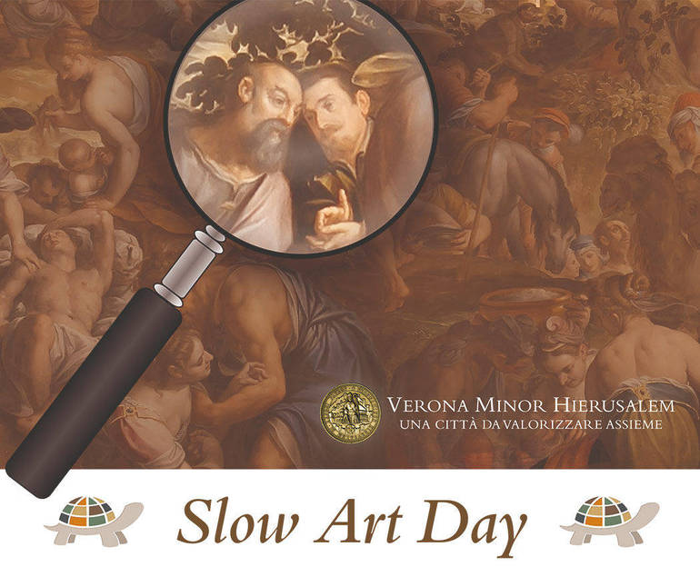 Locandina dell'evento con una lente di ingrandimento che mette in risalto il particolare di un quadro artistico Locandina dell'evento con una lente di ingrandimento che mette in risalto il particolare di un quadro artistico