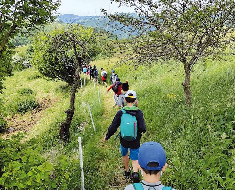 Ragazzi in passeggiata su un sentiero della Lessinia Ragazzi in passeggiata su un sentiero della Lessinia