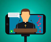 Disegno con sacerdote che viene fuori dallo schermo di uno smartphone