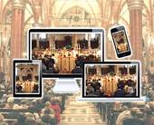Foto della Cattedrale di Verona durante la celebrazione ripetuta su dispositivi fissi e mobili che sono sovrapposti in primo piano